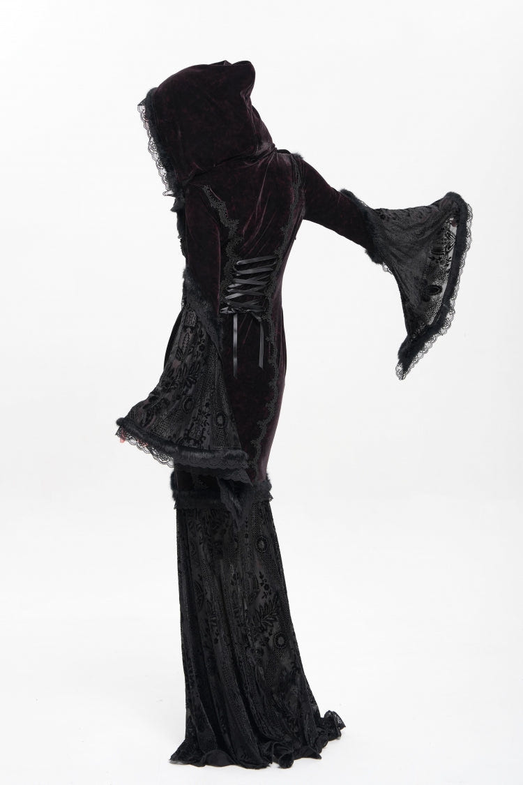 Black/Red Long Trumpet Sleeves Embroidery Stitching Lace Hooded Mesh Women's Gothic Dress - Product - 10