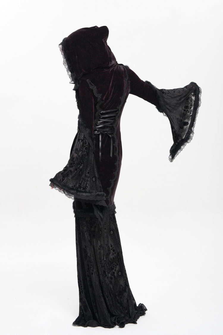Black/Red Long Trumpet Sleeves Embroidery Stitching Lace Hooded Mesh Women's Gothic Dress - Product - 10