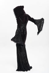 Black/Red Long Trumpet Sleeves Embroidery Stitching Lace Hooded Mesh Women's Gothic Dress - Product - 10