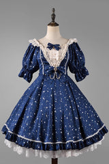 Midsummer Galaxy Shiny Star Print Short Sleeves Ruffle Bowknot Sweet Lolita OP Dress - Dark Blue - 2