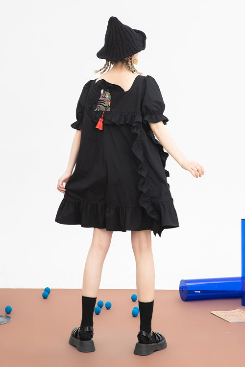 Black Ruffled Square Collar Cute Tiger Embroidered Bubble Short Sleeves High Waisted Sweet Lolita Dress - Product - 6