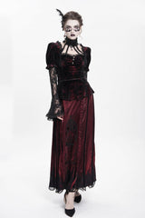 Red  Long Trumpet Sleeves Lace Mesh Faux Two-Piece Pleated Eyelet Women's Gothic Palace Velvet Blouse - Product - 10