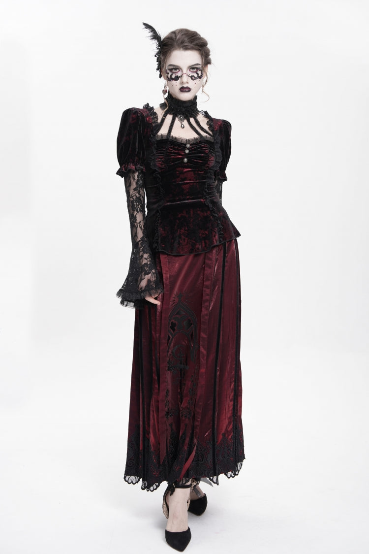 Red  Long Trumpet Sleeves Lace Mesh Faux Two-Piece Pleated Eyelet Women's Gothic Palace Velvet Blouse - Product - 10