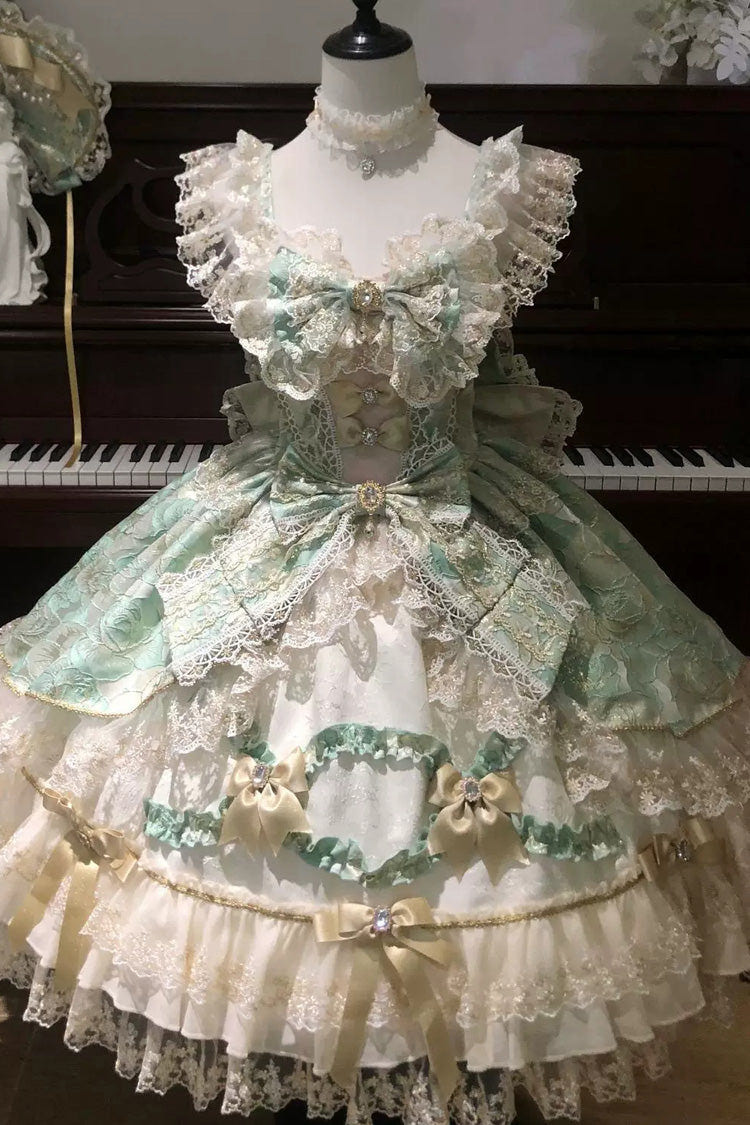 Green [Gilded Waltz] Square Collar Sleeveless Printed Ruffled Embroidered Bow Lace Gorgeous Sweet Lolita Jsk Dress - Product - 3
