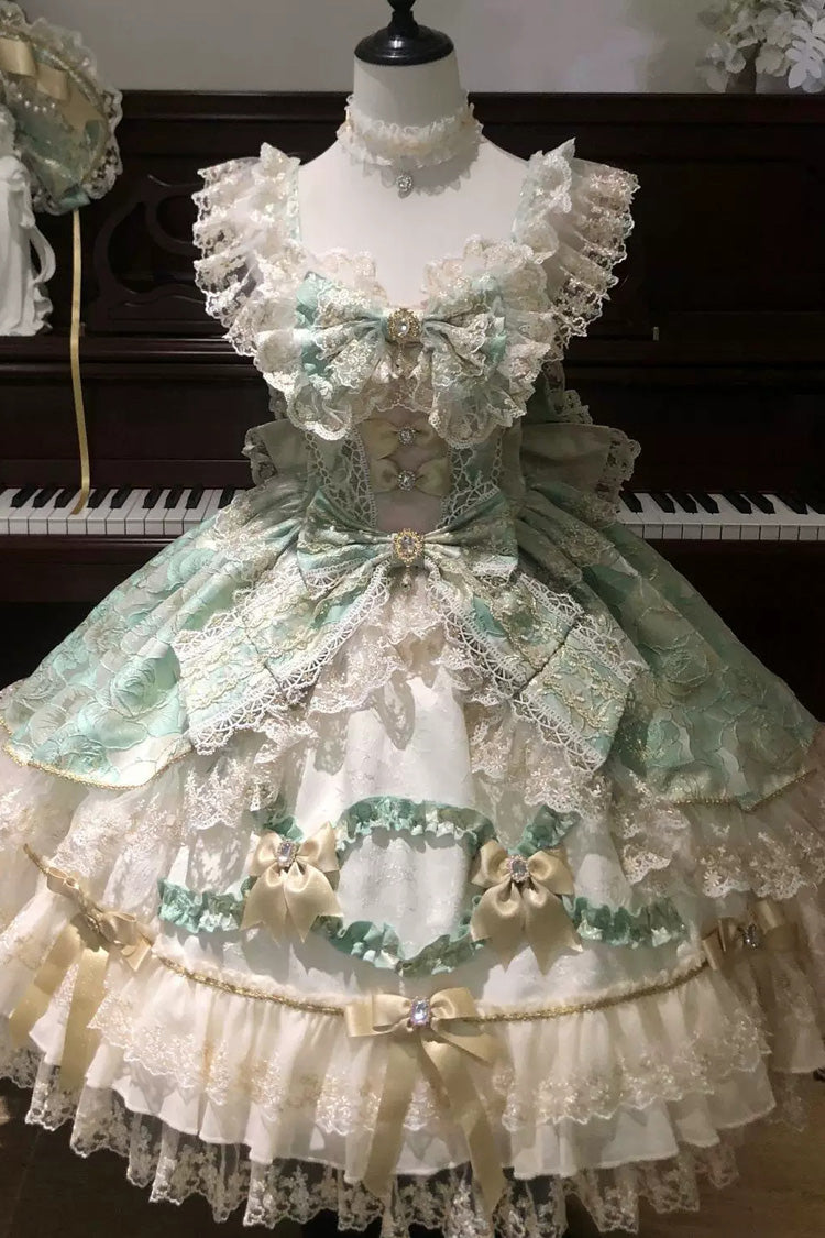 Green [Gilded Waltz] Square Collar Sleeveless Printed Ruffled Embroidered Bow Lace Gorgeous Sweet Lolita Jsk Dress - Product - 3
