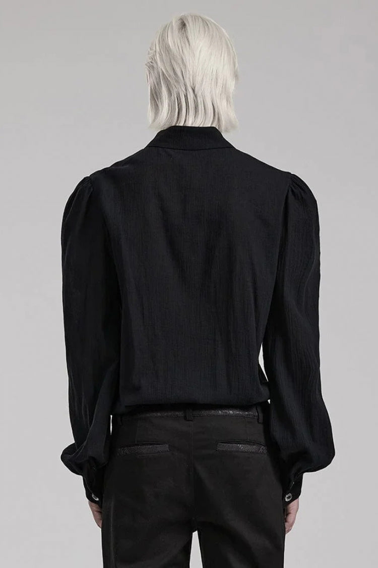 Black Hand-Stitched Button Pleated Long Puff Sleeves Ruffle Mens Gothic Blouse - Product - 3