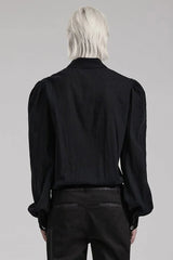 Black Hand-Stitched Button Pleated Long Puff Sleeves Ruffle Mens Gothic Blouse - Product - 3