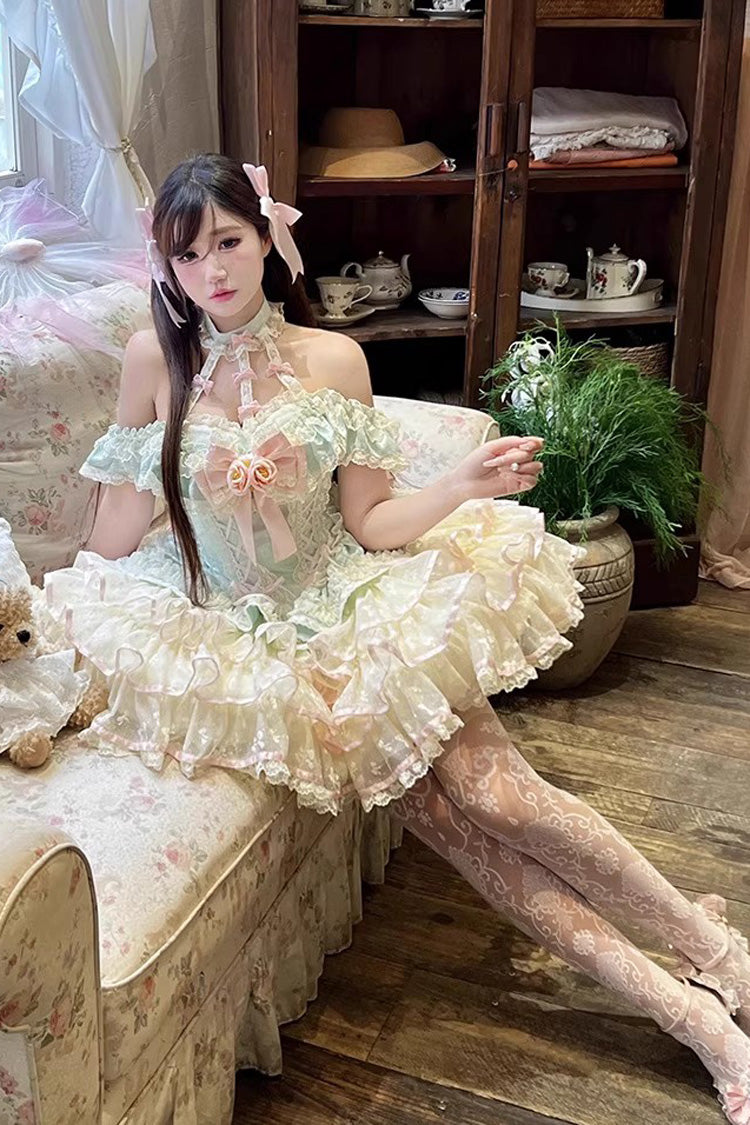 Green [Flower Language of Eros] Halterneck Multi-Layered Ruffle Bowknot Rose Lace Lace-Up Sweet Ballet Lolita Jsk Dress - Product - 5