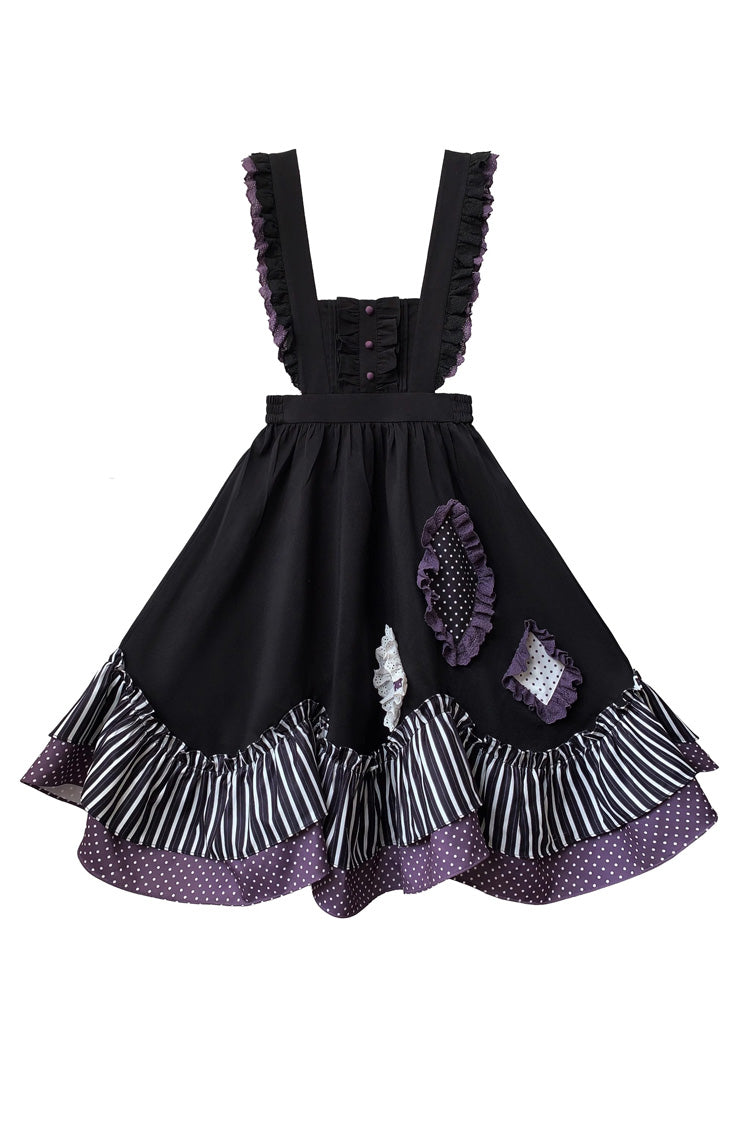 Black [Witch Academy] Double-Layered Stripe Print Ruffle Bowknot Irregular Sweet Lolita Jumper Dress - Product - 4