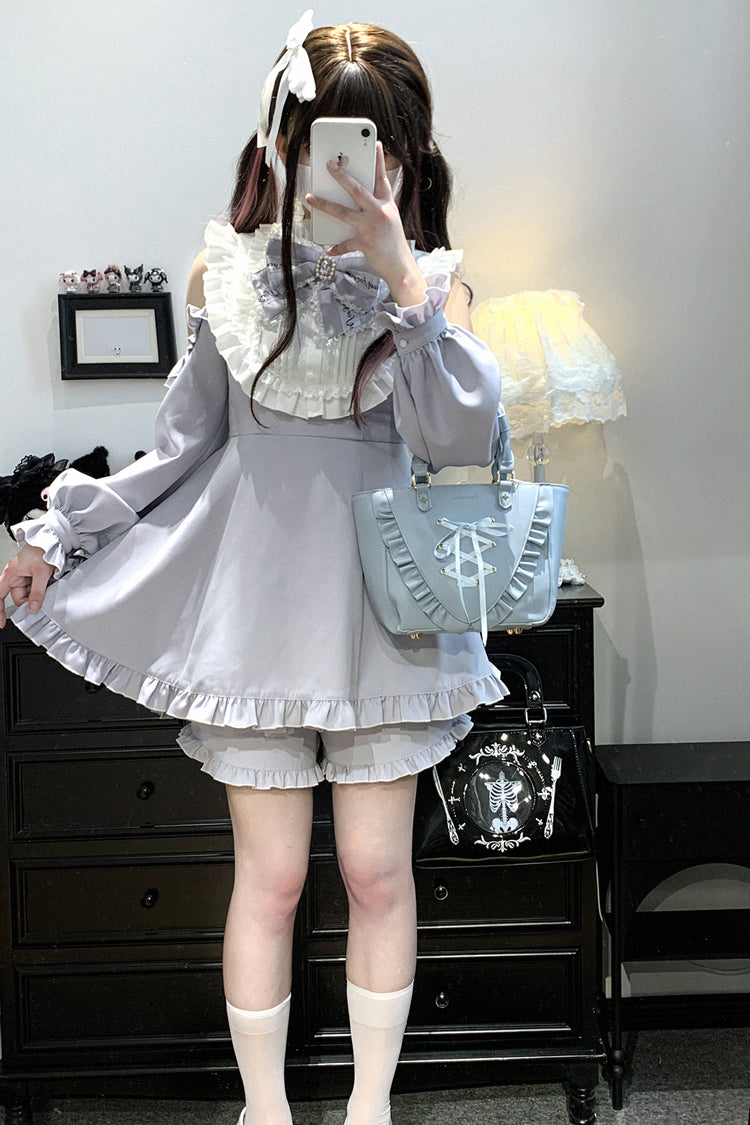 Light Blue [Rose Princess] Off Shoulder Long Sleeves Ruffle Bowknot Gothic Jirai Kei Dress - Product - 4