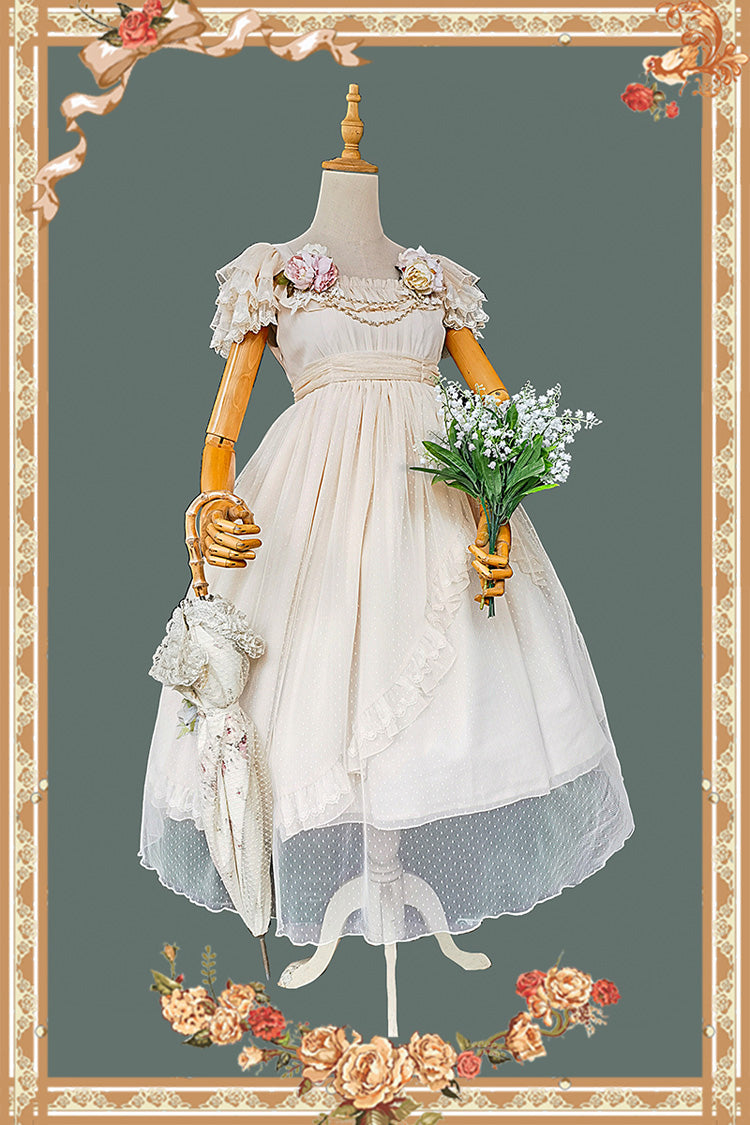 Apricot [Moon goddess *Mediana*] Polka Dot Print Ruffle Bowknot Asymmetric Sweet Elegant Lolita Dress - Product - 12