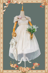 Apricot [Moon goddess *Mediana*] Polka Dot Print Ruffle Bowknot Asymmetric Sweet Elegant Lolita Dress - Product - 12