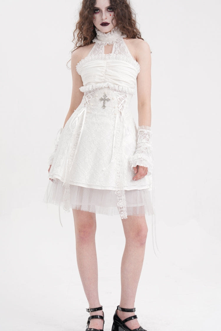 White Cross Halterneck Sleeveless Ruffle Lace Women's Gothic Dress - White - 1