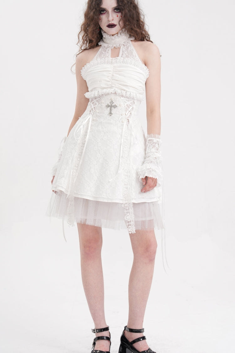 White Cross Halterneck Sleeveless Ruffle Lace Women's Gothic Dress - White - 1