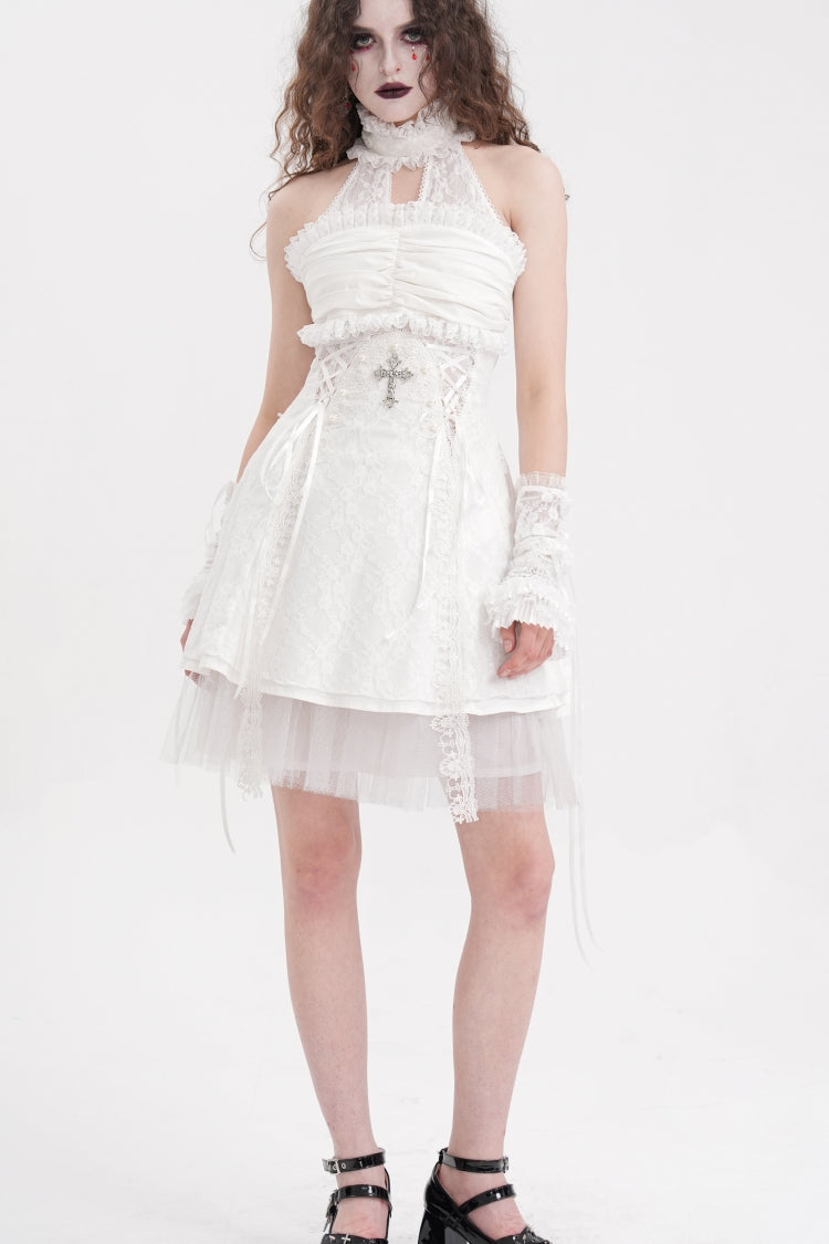 White Cross Halterneck Sleeveless Ruffle Lace Women's Gothic Dress - White - 1