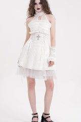 White Cross Halterneck Sleeveless Ruffle Lace Women's Gothic Dress - White - 1