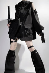 Black Techwear Long Sleeves Hooded Zippered Ouji Gothic Cool Lolita Set - Product - 5