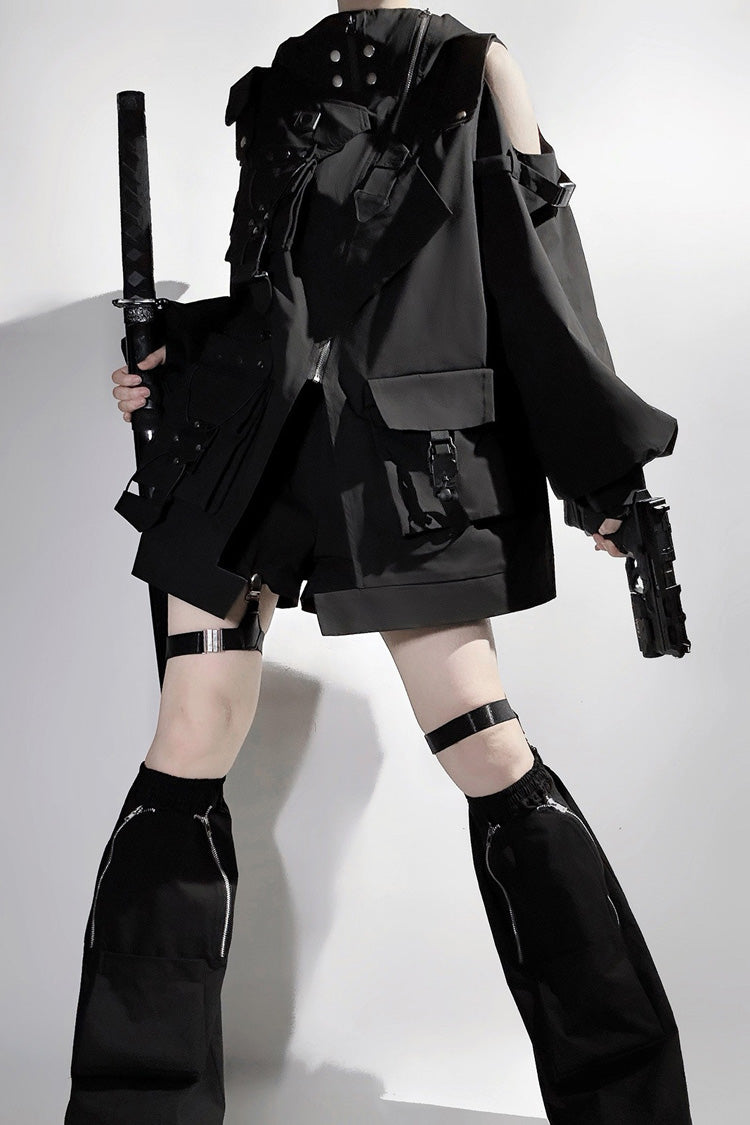 Black Techwear Long Sleeves Hooded Zippered Ouji Gothic Cool Lolita Set - Product - 5