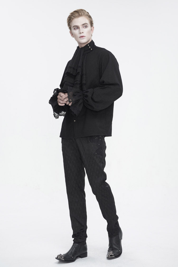 Black Puff Sleeved Stand Collar Men's Gothic Shirt With Necktie - Product - 6