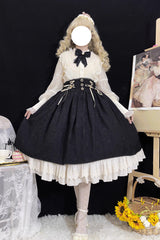 Black [Heart of Rose] High Waisted Ruffle Embroidery Lace-Up Sweet Vintage Elegant Palace Lolita Skirt - Product - 13