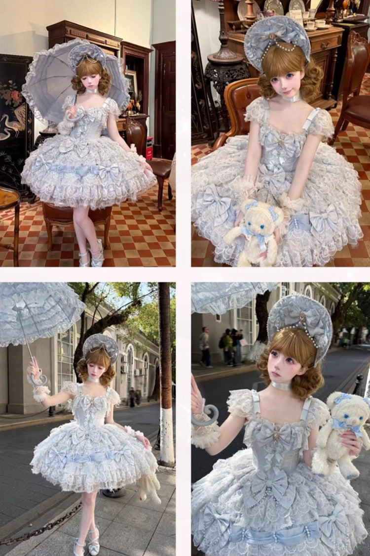 Blue [Cloudborne Snowfeather] Sleeveless Multi-Layered Hanayome Bowknot Pearl Gothic Lolita Jsk Dress - Product - 5