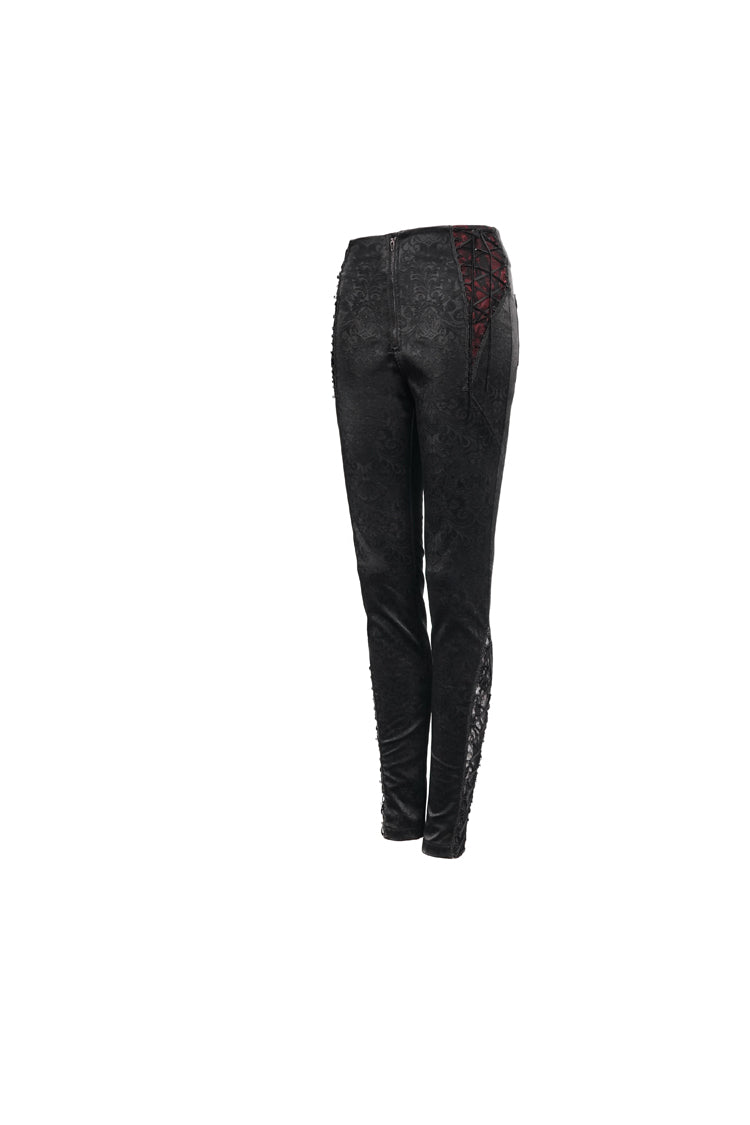 Black Textured Pattern Lace Decoration Metal Zipper Mid-High Waist Tie Women's Gothic Trousers - Product - 7