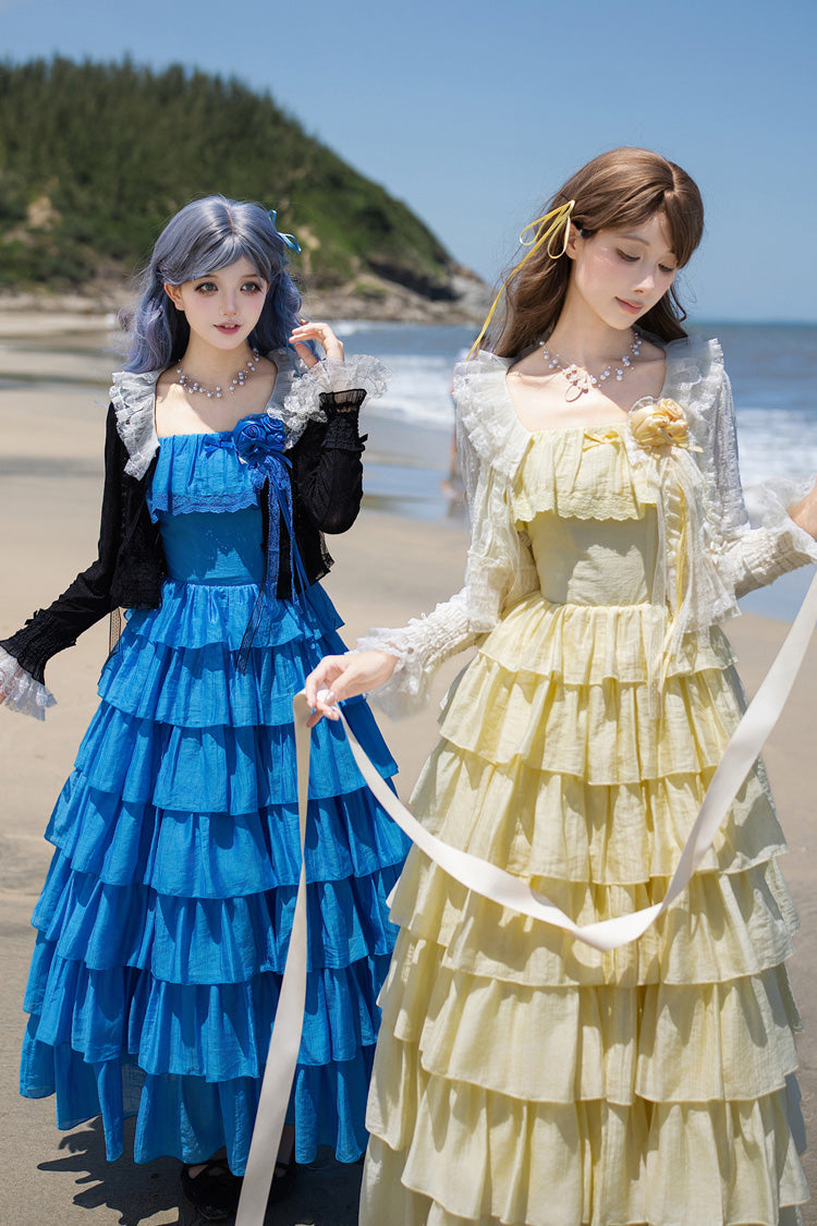 [Bubble Rain] Flutter Sleeves Multi-Layered Ruffled Sweet Lolita Jsk Dress 2 Colors (Yellow, Blue) - Product - 11