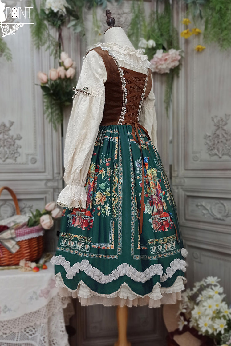 Green [Ode to Plenty] Berries and Birds Print Ruffle Bowknot Velvet Classic Lolita Breast Support Jsk Dress - Product - 11