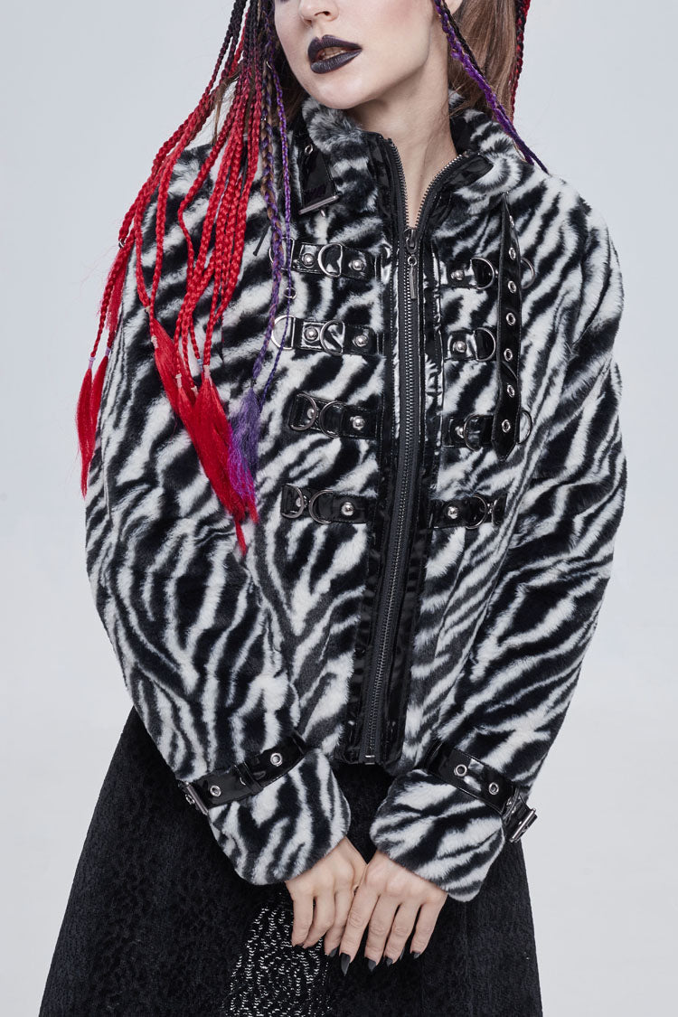 Black/White Stripe Design Shiny Belt With D-Shaped Buckle Decoration Padded Women's Punk Jacket - Black/White - 1