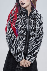 Black/White Stripe Design Shiny Belt With D-Shaped Buckle Decoration Padded Women's Punk Jacket - Black/White - 1