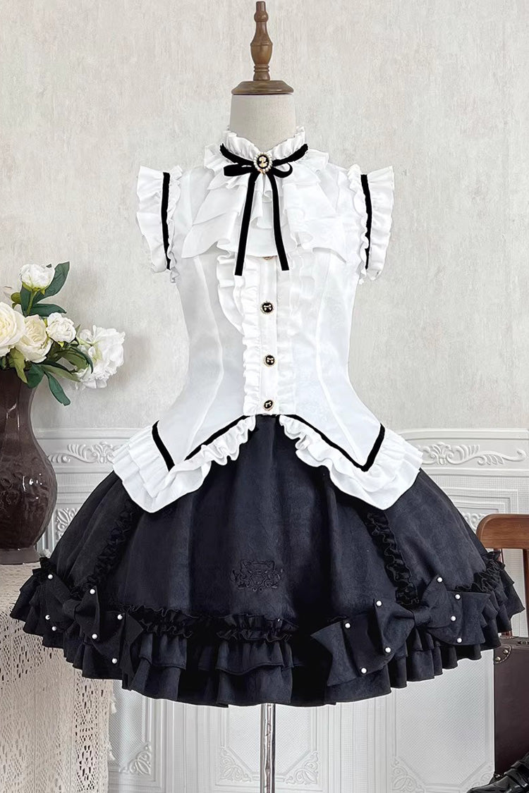 Black/White [Miss Black Cat] Sleeveless Printed Ruffled Sweet Princess Ballet Lolita Skirt Set - Product - 3