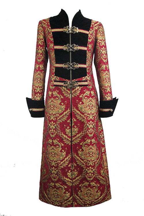 Pirate Style Red And Gold Jacquard Gothic Mens Long Coat - Product - 4