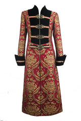 Pirate Style Red And Gold Jacquard Gothic Mens Long Coat - Product - 4