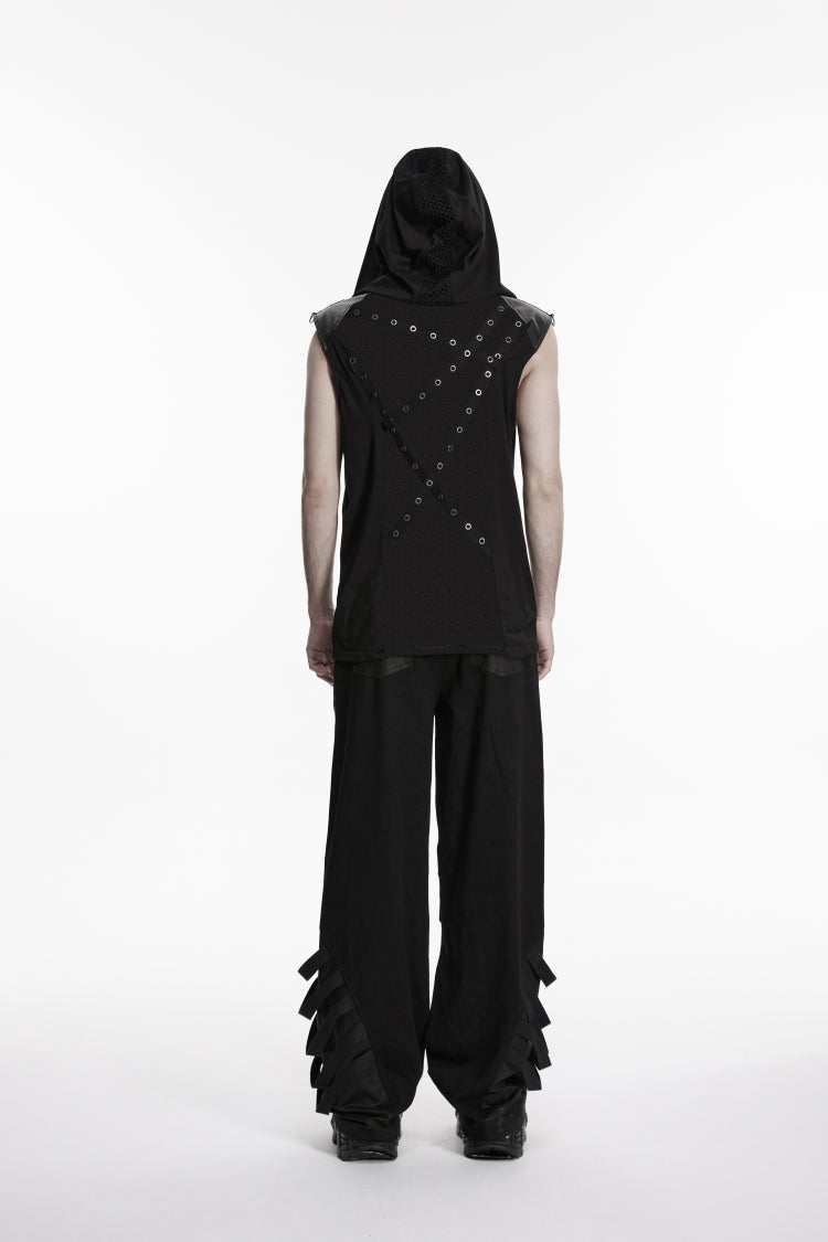 Black Spliced Lace-Up Slim Hooded Mesh Eyelet Men's Punk Cool Vest - Product - 4