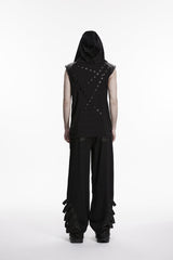 Black Spliced Lace-Up Slim Hooded Mesh Eyelet Men's Punk Cool Vest - Product - 4