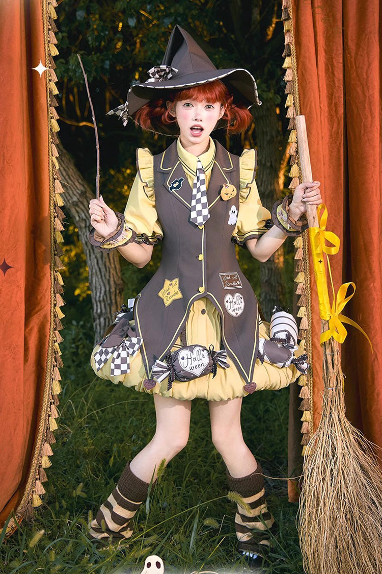 Brown/Yellow [Witch and Paradise] Short Sleeves Ruffle Bowknot Sweet Japanese Halloween Lolita Dress Vest Set - Brown/Yellow - 1