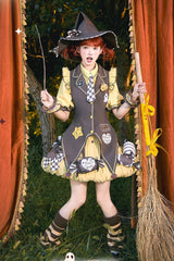 Brown/Yellow [Witch and Paradise] Short Sleeves Ruffle Bowknot Sweet Japanese Halloween Lolita Dress Vest Set - Brown/Yellow - 1