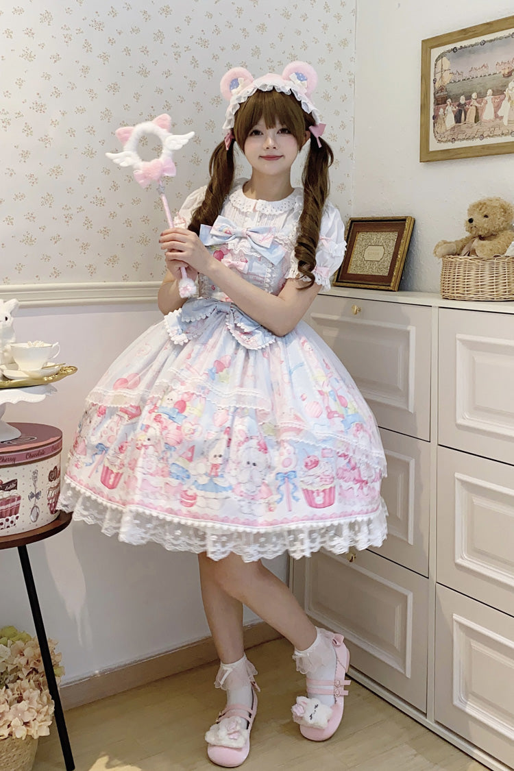 Blue [Cute Rabbit Sweet Cake] Print Ruffle Bowknot Lace Sweet Lolita Jsk Dress - Product - 6