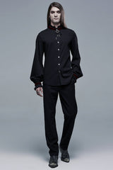 Black/Red Gothic High Collar Front Retro Metal Button Lantern Sleeve Men's Shirt - Product - 4