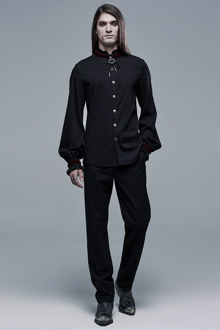 Black/Red Gothic High Collar Front Retro Metal Button Lantern Sleeve Men's Shirt - Product - 4