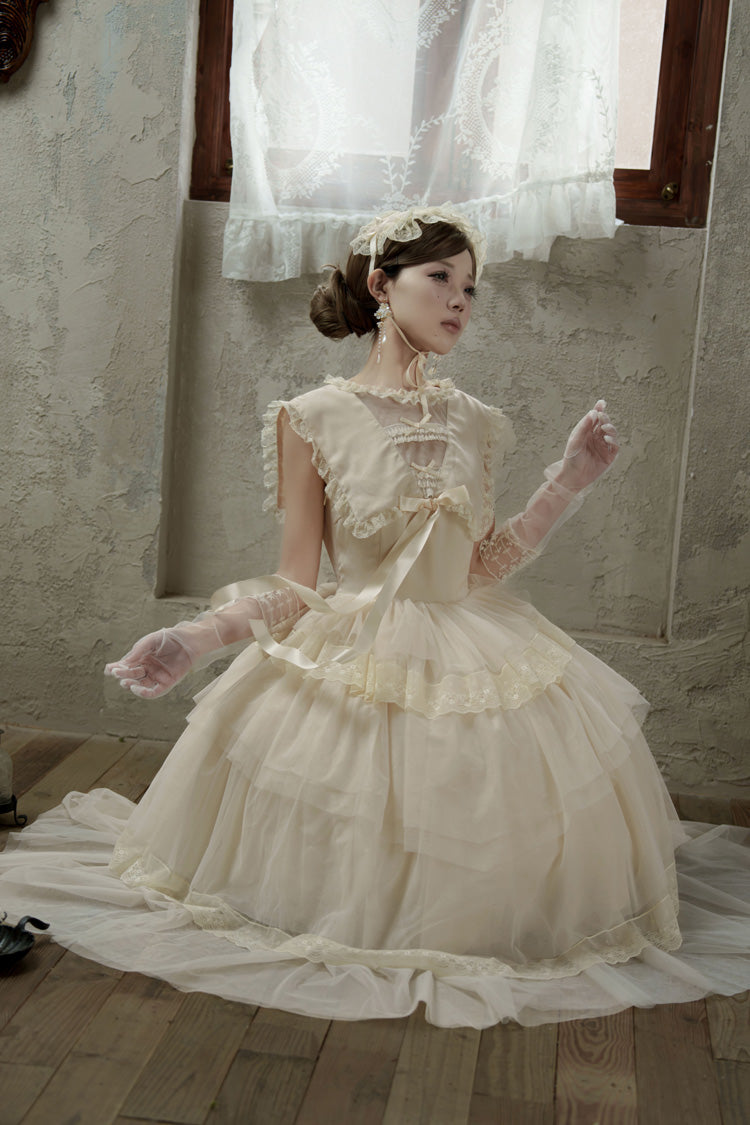 White [Dream by the Pillow] Triple-Layered Ruffled Bow Lace Sweet Elegant Lolita Dress - Product - 5