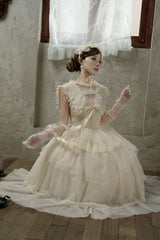 White [Dream by the Pillow] Triple-Layered Ruffled Bow Lace Sweet Elegant Lolita Dress - Product - 5