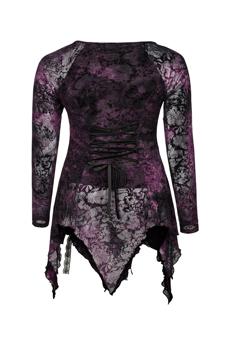 Purple V-Neck Front Splice Rose Lace Mesh Back Waist Lace-Up Irregular Hem Plus Size Knit Women's Gothic T-Shirt - Product - 7