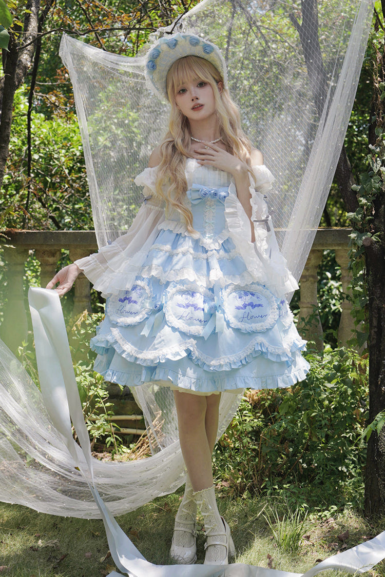 Blue [Butterfly Dream] Multi-Layered Print Ruffle Bowknot Sweet Princess Lolita Jsk Dress - Product - 8