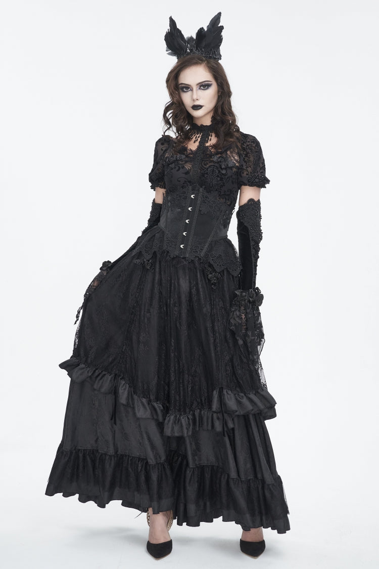 Black Embroidered Patchwork Lace Lace-Up Slim Fit Mesh Eyelet Women's Gothic Luxurious Royal Underbust Corset - Product - 3