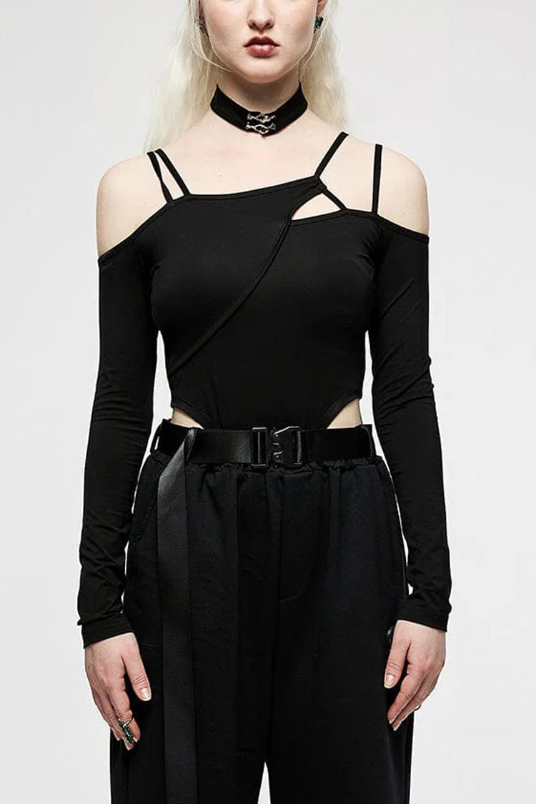 Black Off Shoulder Long Sleeves Hollow Irregular Women's Steampunk Bodysuit - Black - 1