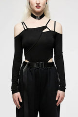 Black Off Shoulder Long Sleeves Hollow Irregular Women's Steampunk Bodysuit - Black - 1