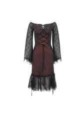 Red Elastic Texture One-Shoulder Hem Splicing Lace Bell Sleeve Women's Gothic Dress - Product - 7