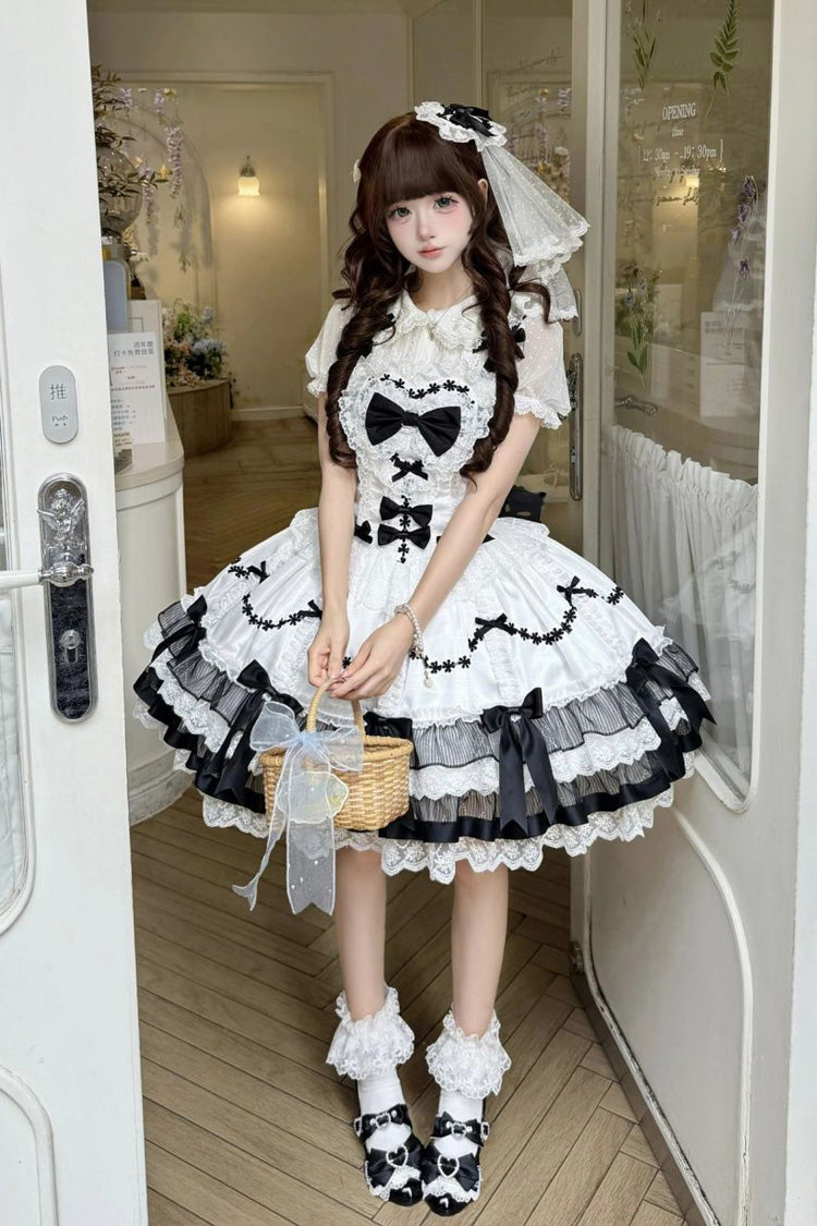 Black/White [Scarlet Heart Cocoa] Sleeveless Triple-Layered Ruffle Embroidery Bowknot Lace Sweet Lolita Jsk Dress - Product - 4