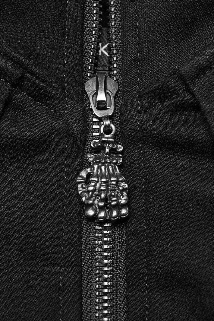 Black Denim Eyelet Rope Stand Collar Zipper Slim Irregular Womens Steampunk Coat - Product - 6